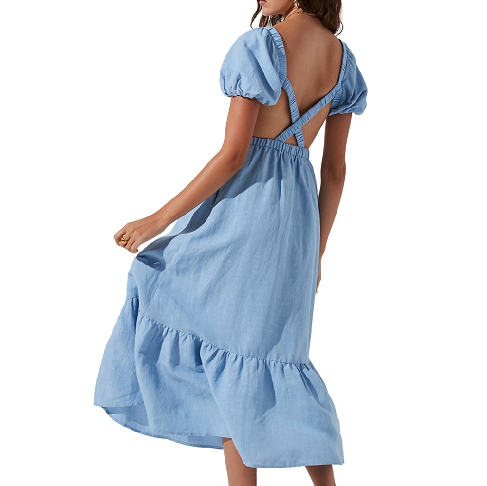 NEW ASTR the Label Light Blue Jelena Puff Sleeve Back Cutout Midi Dress XS - Picture 3 of 8